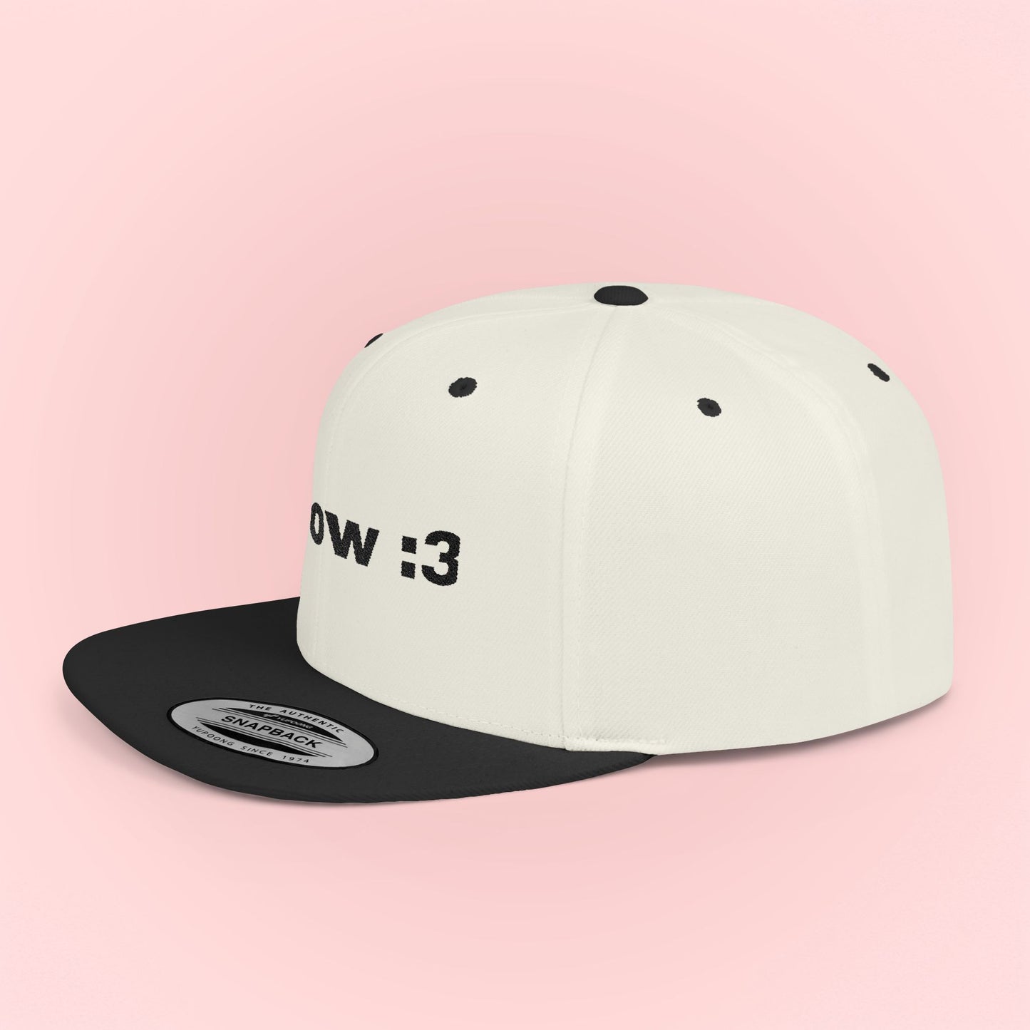 Snapback Cap with 'Meow :3' Text Design